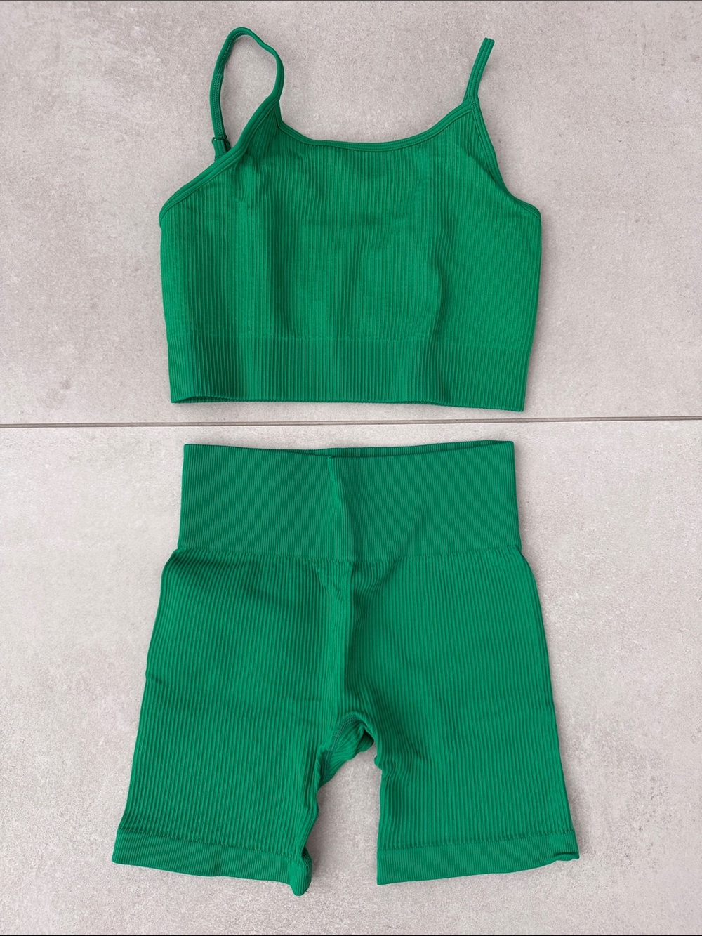 ADANOLA Green Ribbed Tank and Biker Shorts Set